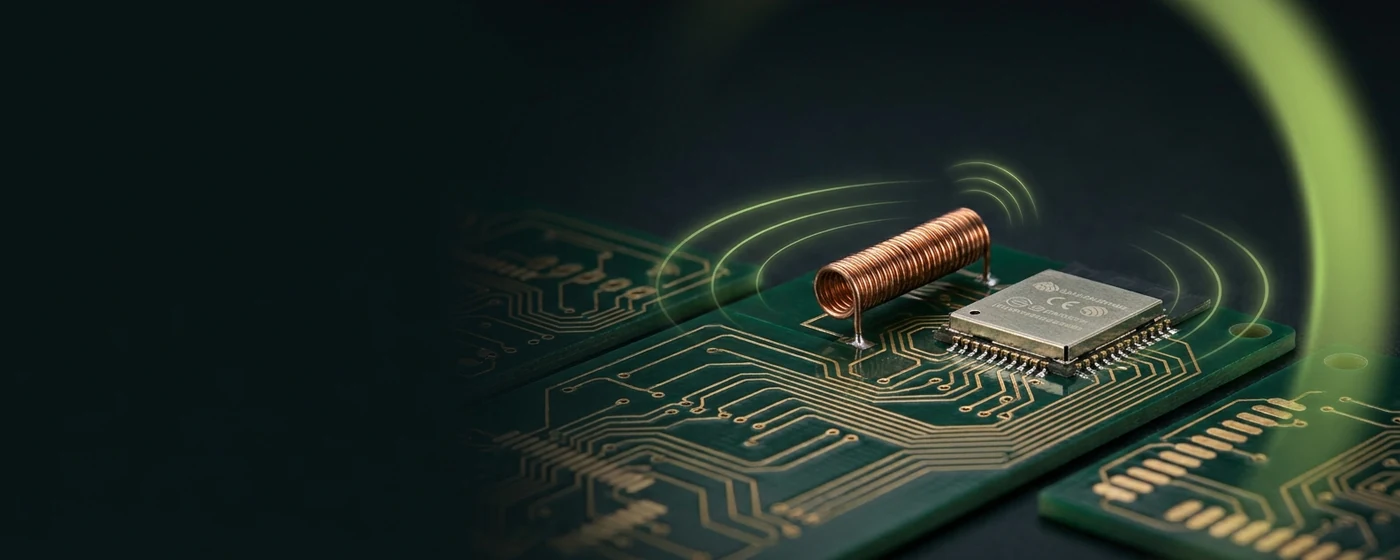 busware RF hardware: ESP module with RF antenna on a green circuit board