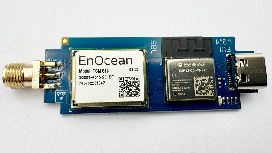 EUL32, board revision V3.4: antenna socket, EnOcean TCM 515, ESP32-C6-MINI-1 module and USB-C receptacle, from left to right