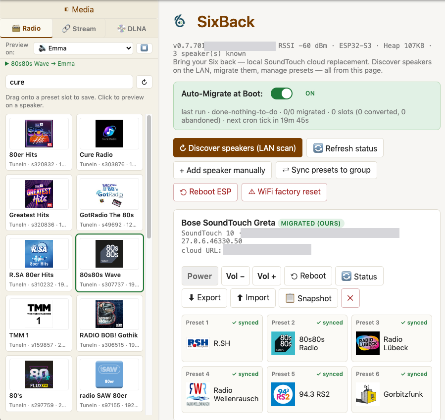 The SixBack web interface: media browser on the left, a discovered speaker with its six preset slots on the right