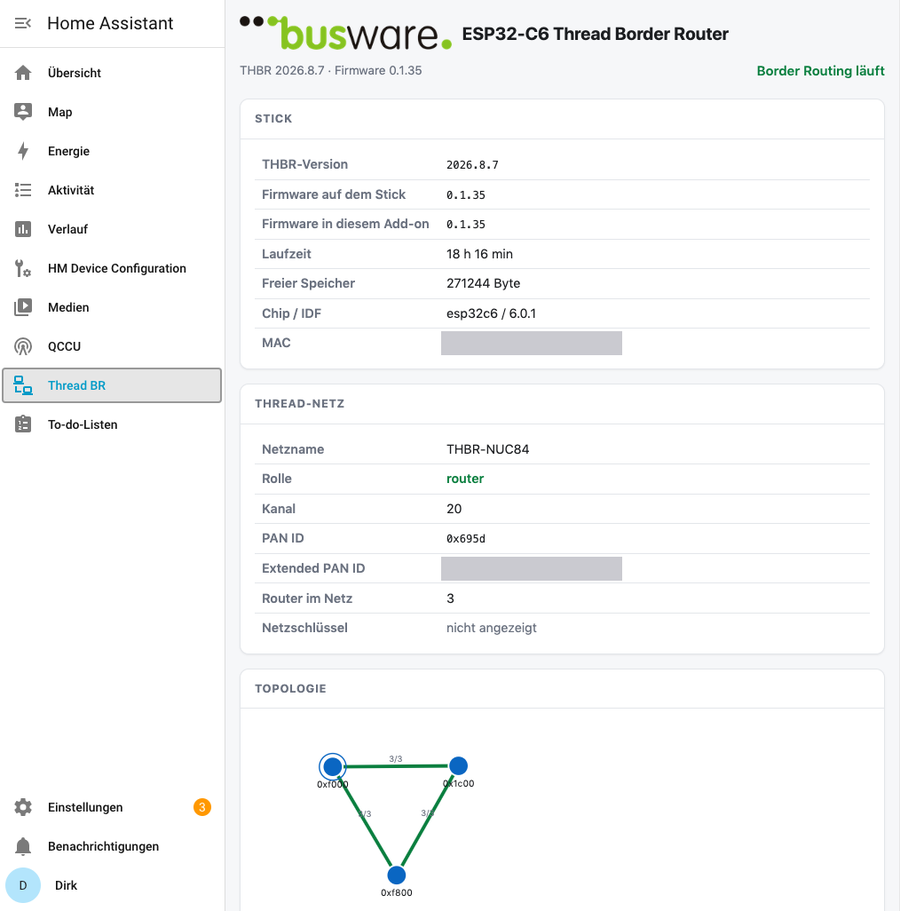 The add-on's page in Home Assistant: state of stick and Thread network, with the mesh graph below