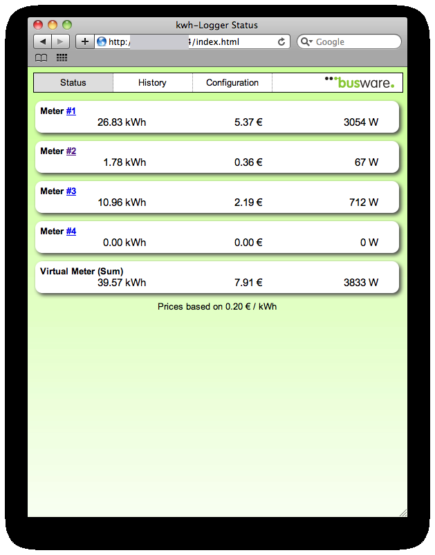 kWh logger web interface: status table with four meters, energy and power