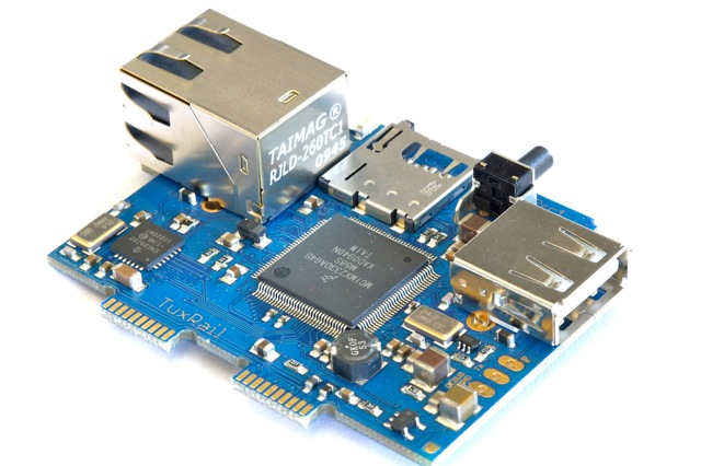 TuxRail board, blue revision, with Ethernet, USB and microSD