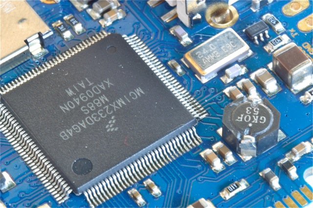 Close-up of the i.MX233 processor soldered to the board