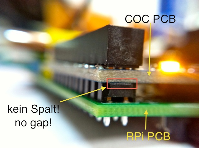 COC board pressed onto the Raspberry Pi header, annotated "no gap"