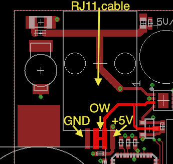 Board detail showing where the RJ11 cable carries OneWire, GND and +5V