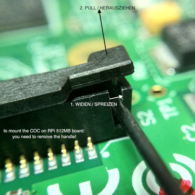 Removing the connector handle: widen it first, then pull it off