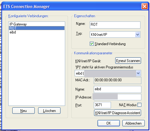 ETS connection manager with a KNXnet/IP connection configured for the ROT
