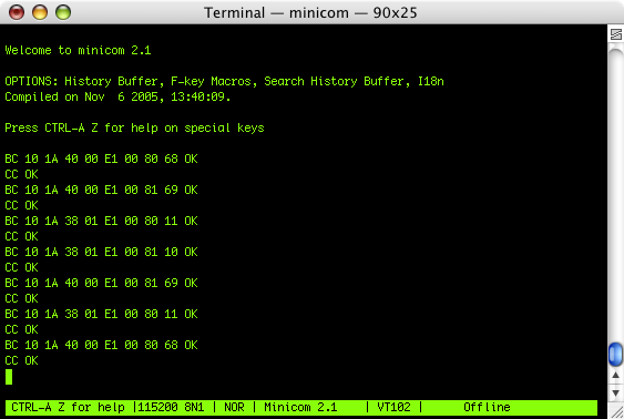 serial terminal output of the bus monitor
