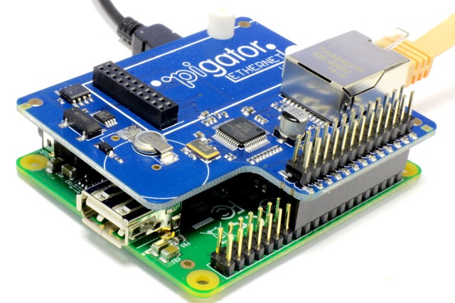 Raspberry A+ (green) driving the PIGATOR Ethernet