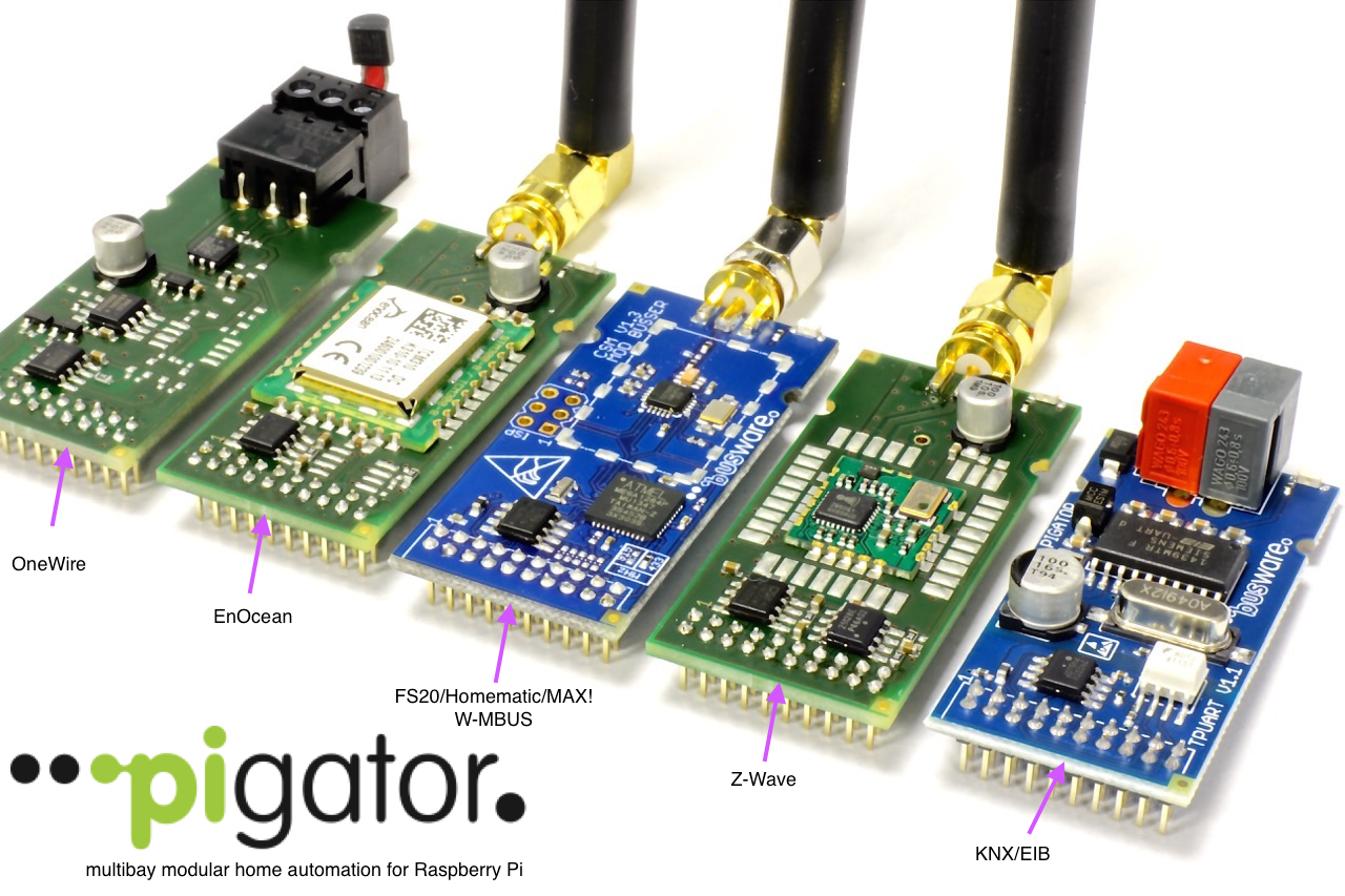 Pigator modules side by side: OneWire, EnOcean, FS20/HomeMatic/MAX!/W-MBUS, Z-Wave and KNX/EIB