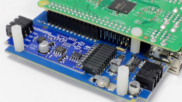 Carrier board and Raspberry Pi stacked, seen from the header side