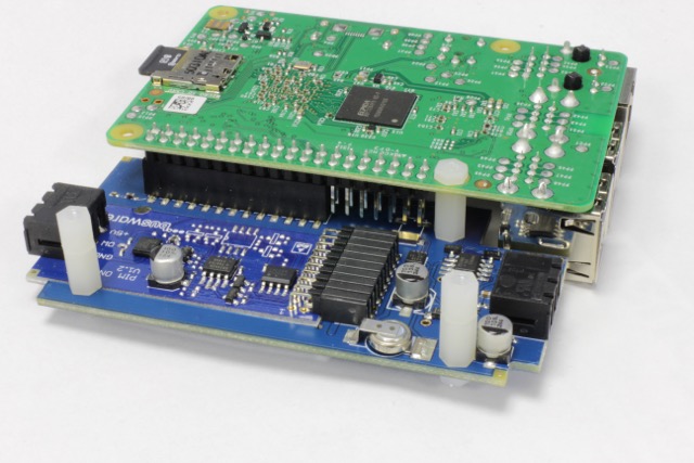 Raspberry Pi on the carrier board, held by spacers