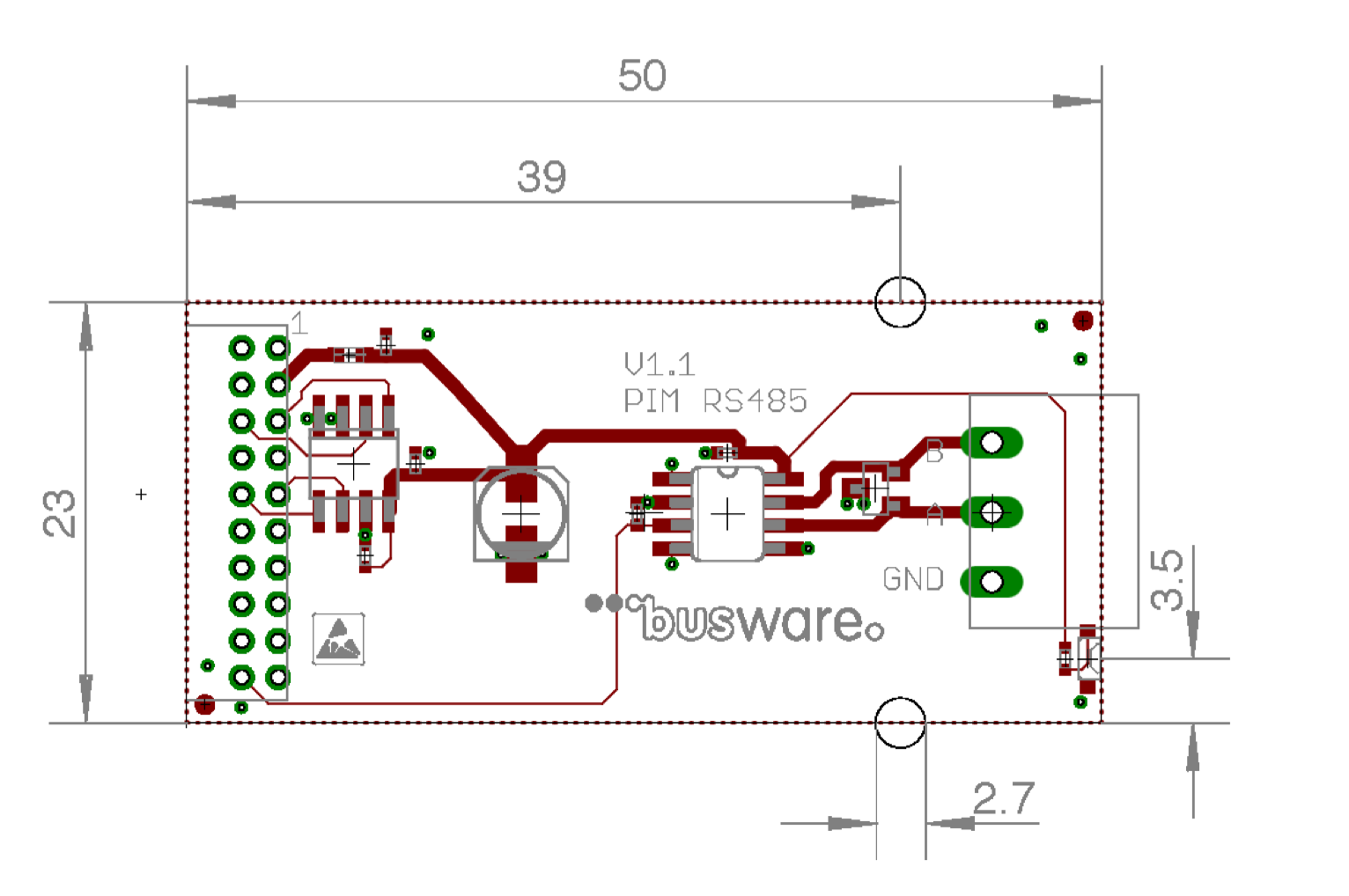 Dimensioned drawing of the PIM RS485 module, 50 by 23 mm
