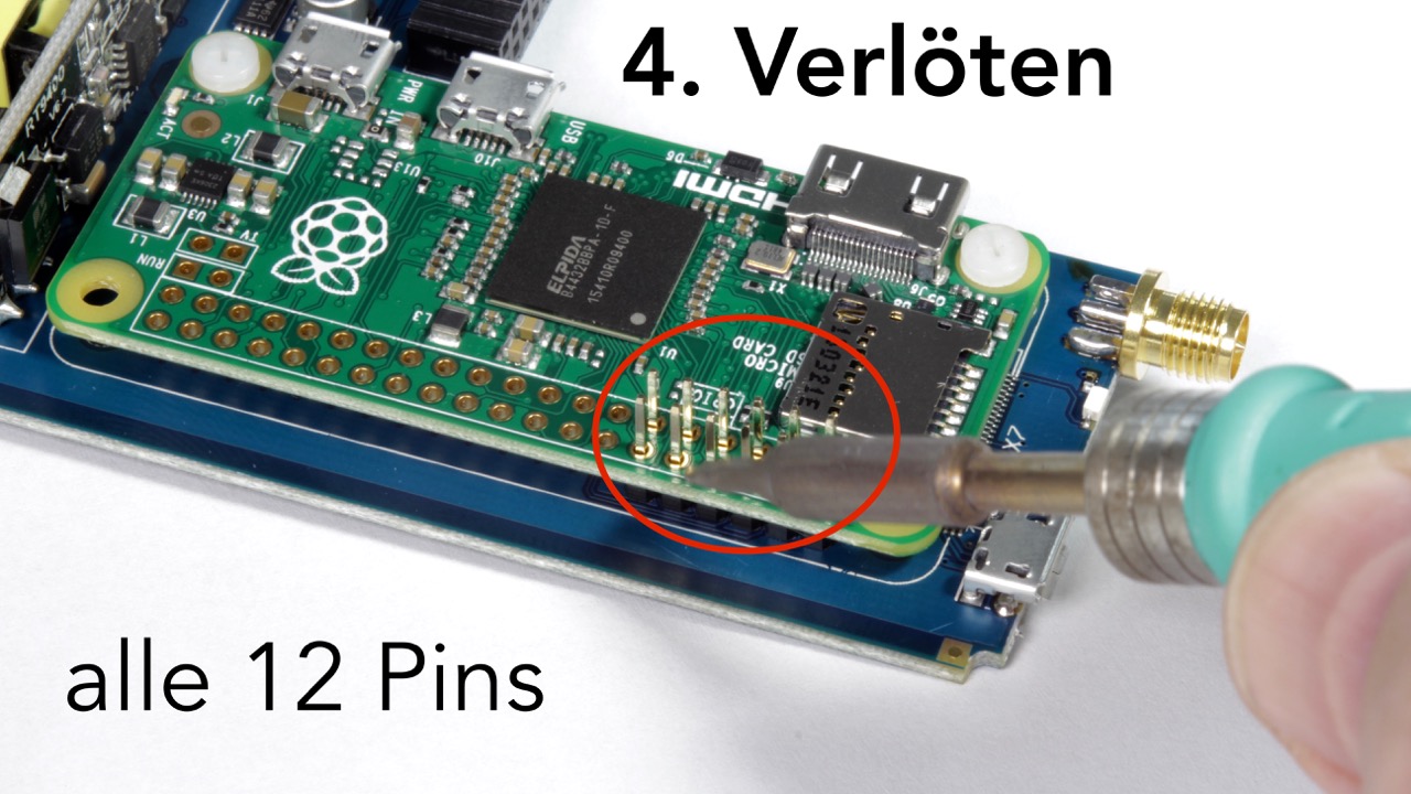 Raspberry Zero assembly, step 4: solder all twelve pins