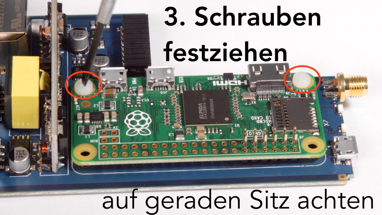 Raspberry Zero assembly, step 3: tighten the screws, keeping the board level