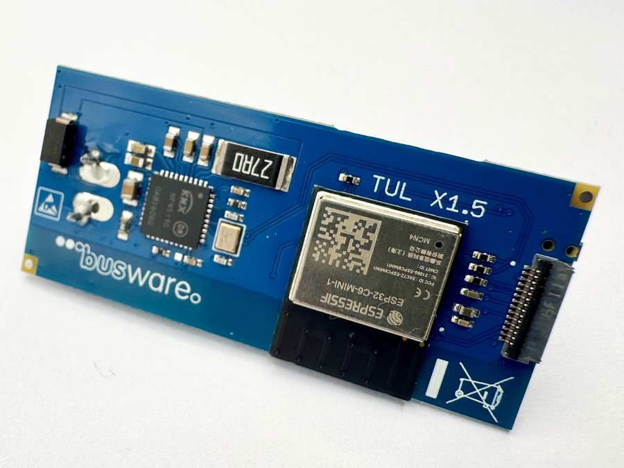 The other side of the TULX: KNX transceiver, ESP32-C6-MINI-1 module and a flat-cable connector; the board print reads “TUL X1.5”